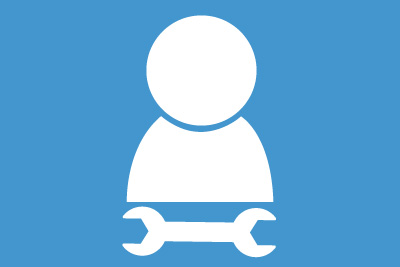 Person icon with spanner tool and blue background