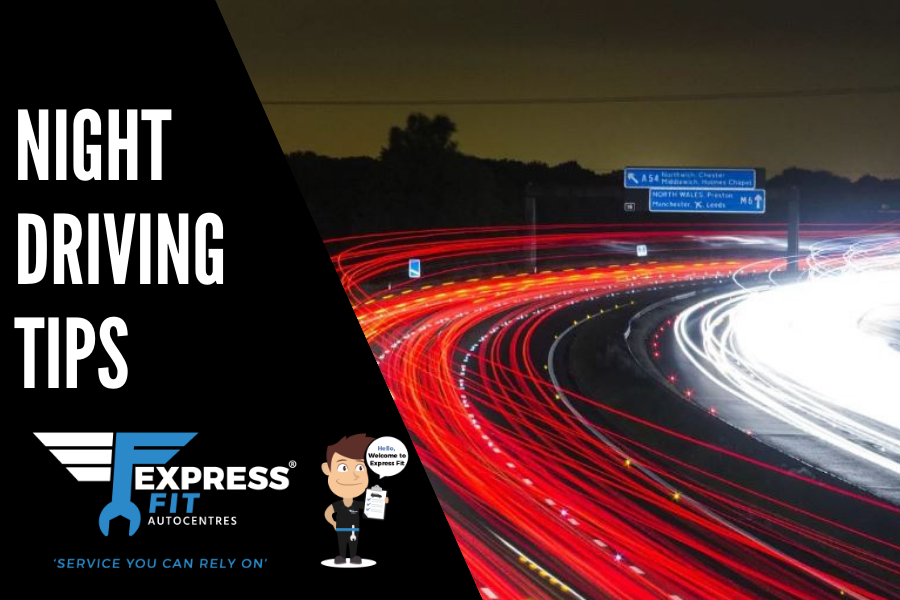 Dark night with cars driving. Text "6 Night Driving Tips"