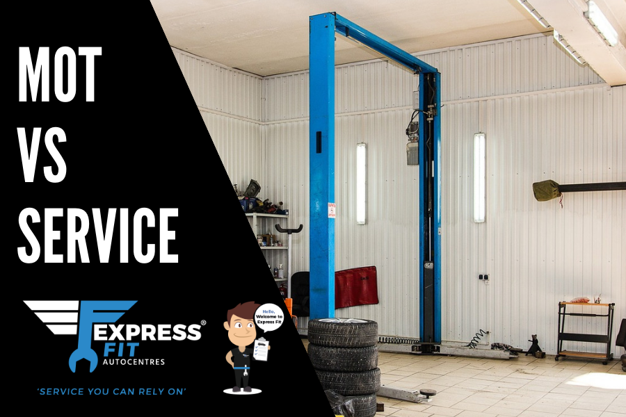 Text "MOT vs Service" with image of car garage and pile of tires