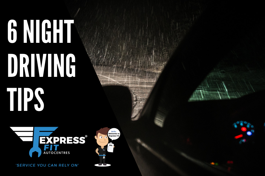 Car driving on dark road in the rain. Text "6 Night Driving Tips"