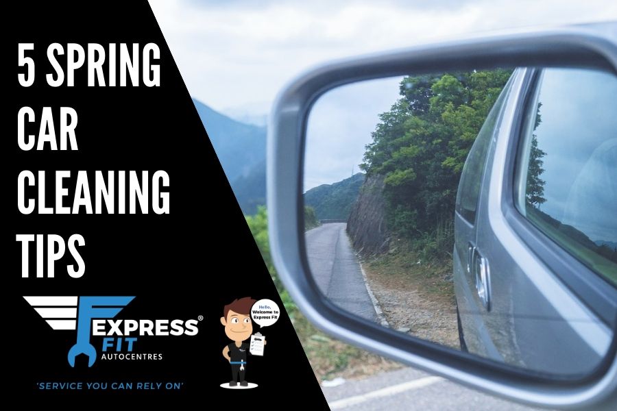 Text "5 Spring Car Cleaning Tips" with image of rear view mirror